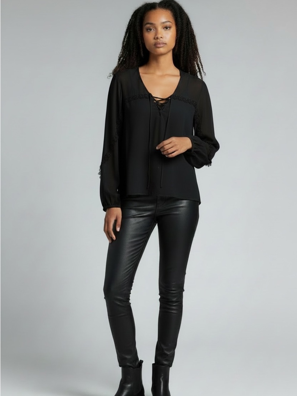 Haute Hippie Black Lace-Trim V-Neck Women's Blouse NWT SZL